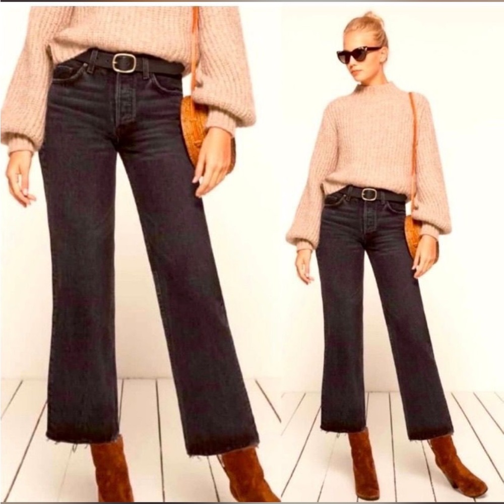 Reformation Wide Crop Black Jeans in Pacific Wash, size 26
